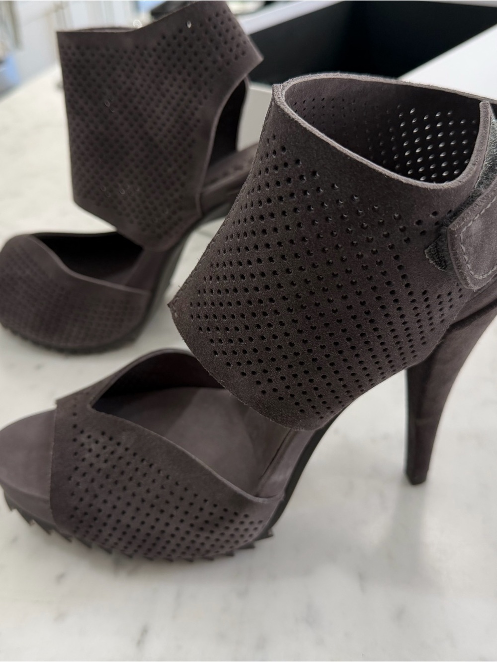 Pedro Garcia Perforated Suede High Heel Sandals - Dark gray